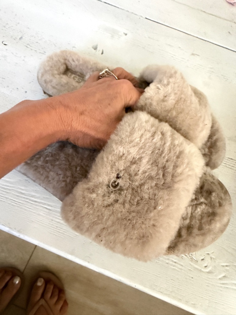 UGG Plush Shearling Slide in Light Taupe